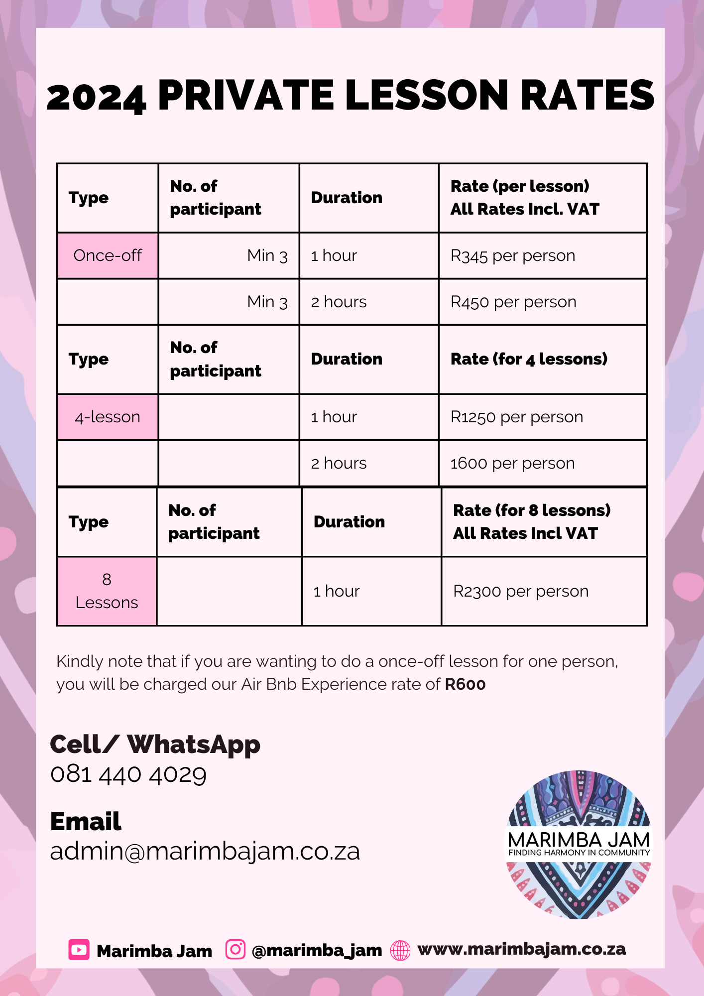 2024 Private Lesson Rates